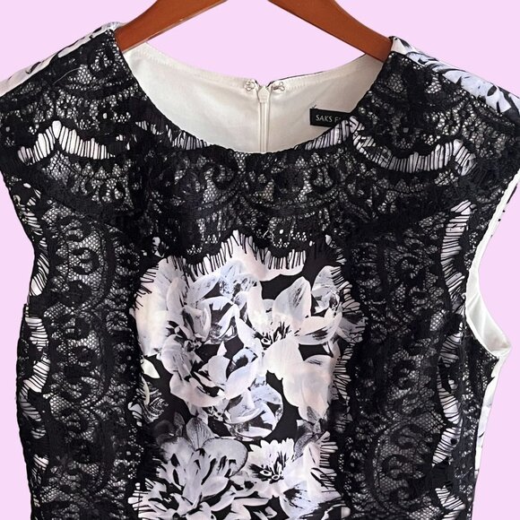 Saks Dress Womens 6 Black White Floral Black Lace Bodycon Sleeveless Zip Up‎ - Picture 4 of 12